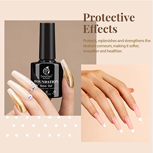 Beetles 3pcs 7.5ml Gel Top Coat Base Coat & Cuticle Oil Set, No Wipe Top Gel Glossy Shine Long Lasting DIY Home Gel Nail Lamp Required, Cuticle Oil Care for Dry, Damaged Cuticles, Stronger Nails