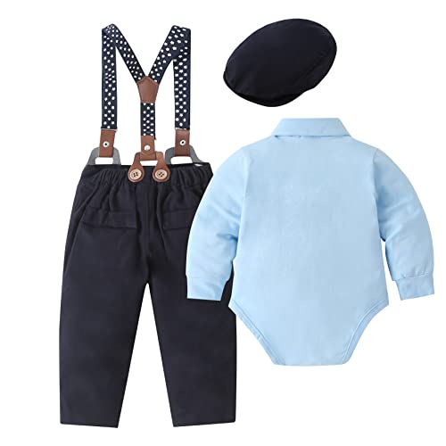 Baby Boy Clothes Set Infant Tuxedo Long Sleeve Gentleman Suit Outfits + Beret Hat + Suspender Pants + Bowtie 0-18M