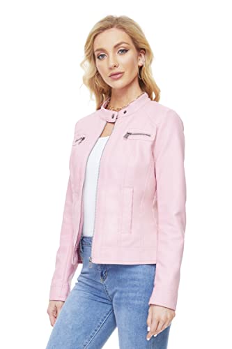 Fahsyee Women's Faux Leather Jackets, Zip Up Motorcycle Short PU Moto Biker Outwear Fitted Slim Coat Size S Pink