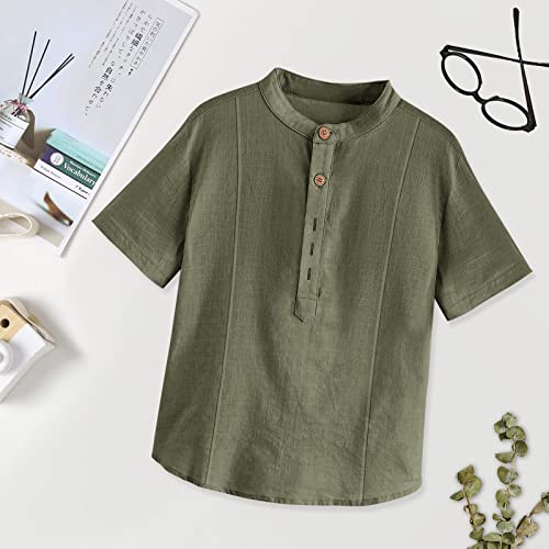 Teurkia Boys Button Up Henley Shirt Short Sleeve Lightweight Linen Cotton Top Army Green