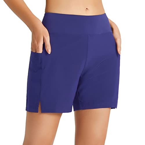BALEAF Women's 5" Swim Shorts High Waisted Swimming Board Shorts Tummy Control Novelty Swimwear with Pockets Dazzling Blue S