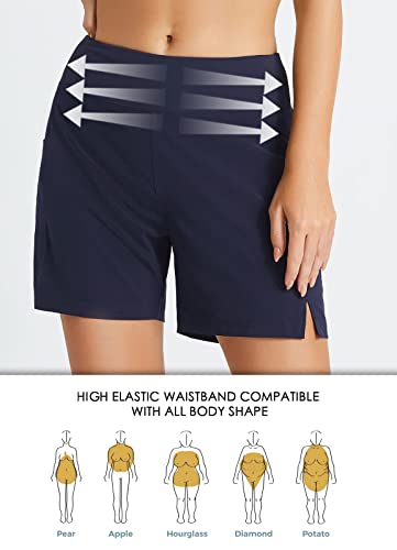 BALEAF Women's High Waisted Swim Bottom Boy Short Tummy Control Swimsuit Bottoms Beach Water Surf Shorts Navy Blue XS