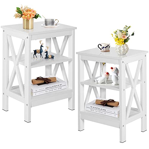VECELO Modern Side Nightstand with 3-Layer Storage Shelf for Small Spaces, Living Room, Bedroom, Farmhouse Easy Assembly, 2 Sets End Tables, White(2 Sets)