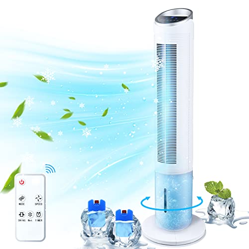 Evaporative Cooler - 40" Portable Air Conditioner with 70° Oscillating & Humidifying, 3 Speeds & 3 Modes, 8H Timer, Cooling Tower Fan with Remote,2 Ice Boxes, Quiet Swamp Cooler for Rooms,office