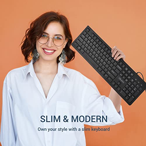 Computer Keyboard Wired, Plug Play USB Keyboard, Low Profile Chiclet Keys, Large Number Pad, Caps Indicators, Foldable Stands, Spill-Resistant, Anti-Wear Letters for Windows Mac PC Laptop, Full Size