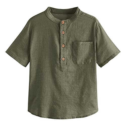 Inorin Boys Button Up Henley Shirt Short Sleeve Lightweight Summer Linen Cotton Dress Shirts Tees Tops with One Pocket Army Green
