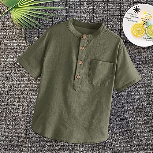 Inorin Boys Button Up Henley Shirt Short Sleeve Lightweight Summer Linen Cotton Dress Shirts Tees Tops with One Pocket Army Green