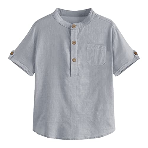 Malliosse Boys Short Sleeve Henley Shirt Button Up Linen Cotton Dress Shirts Tees Tops with One Pocket Grey