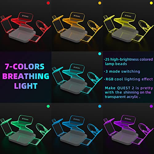 HiBloks Charging Station for Oculus Quest 2, Illuminated VR Stand for Quest 2, Magnetic Controller & Headest Display Charger with 2 Rechergeable Batteries, Battery Cover and USB-C Charger Cable