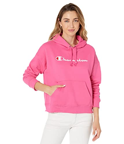 Champion Crewneck, Powerblend Relaxed Crew Hoodie, Best Pullover Hooded Sweatshirts for Women, Script, Wow Pink-Y08113, X-Small