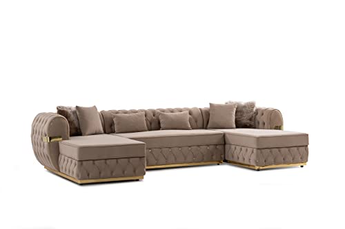 Modern U-Shape Sectional Sofa for Living Room w/Double Chaise Button Tufted Silver Trimmed Base Fully Assembled Pillows Included Deep & Medium Firm Seats
