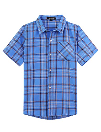 Spring&Gege Boys' Casual Short Sleeve Plaid Button Down Cotton Dress Shirts, Blue Check Gingham, 11-12 Years