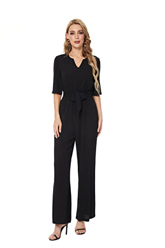Jumpsuits for Women Casual Loose 3/4 Sleeve V-neck Rompers Long Pants Wide Legs Overall with Belt L