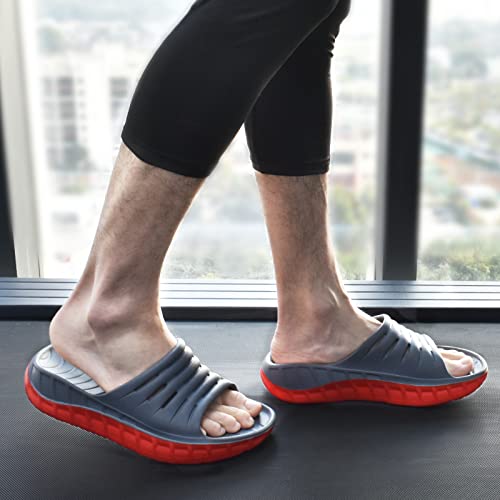 KUAILU Mens Recovery Sandals Sport Comfort Arch Support Cushion Athletic Slides Orthopedic Plantar Fasciitis Open Toe Slip On Wide Width Thick Sole Sandles Summer Pool Beach Slippers Grey Red Size 7