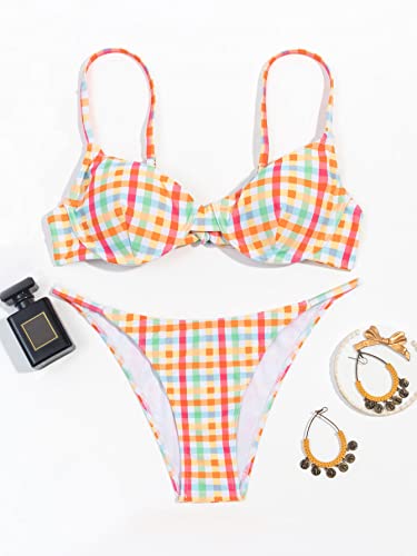 Floerns Women's Bathing Suit Plaid Print Underwire Two Piece Bikini Swimsuit Multi S