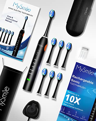 MySmile Electric Toothbrush for Adults, Rechargeable Sonic Electronic Toothbrush with 6 Brush Heads and Travel Case, 2 Mins 5 Modes Smart Timer, 48000VPM 10X Powerful Than Manual Toothbrush (Black)