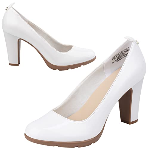 JENN ARDOR Women's Pumps Chunky Heels Platform Shoes Comfort Round Closed Toe Block Heel Pumps Dress High Heeled Office Shoes for Ladies More Than 3 inch Heel White 9.5
