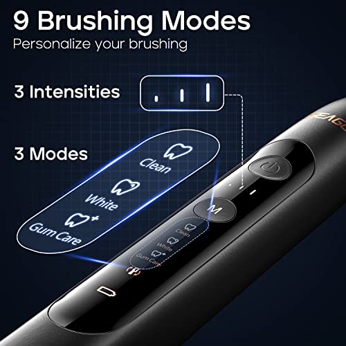 SEAGO Ultrasonic Electric Toothbrush for Adults, Twin-Engine 3 Modes and 3 Intensities, Wireless Rechargeable Sonic Toothbrush, 8 Brush Heads & Travel Toothbrush Set, Black