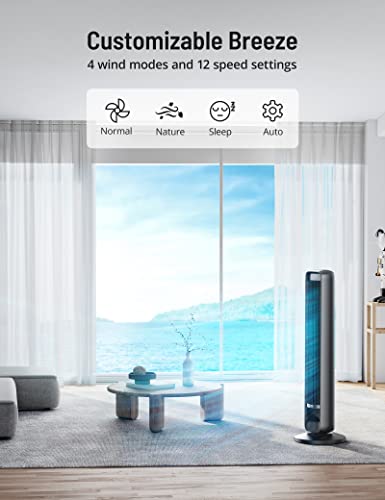 Tower Fan, Paris Rhône 28dB 90° Oscillating Fan with DC Motor, 12 Speeds, 4 Modes, Night Light, 12H Timer, Quiet Cooling Bladeless Fan with Remote for Bedroom Living Room & Office，42”