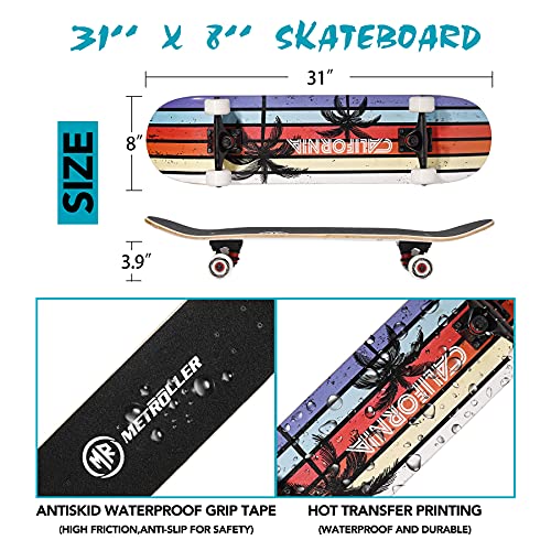 METROLLER Skateboards for Beginners,31 x 8 Complete Standard Skate Boards for Girls Boys, 7 Layer Canadian Maple Double Kick Concave Skateboard for Kids Youth Teens Adults
