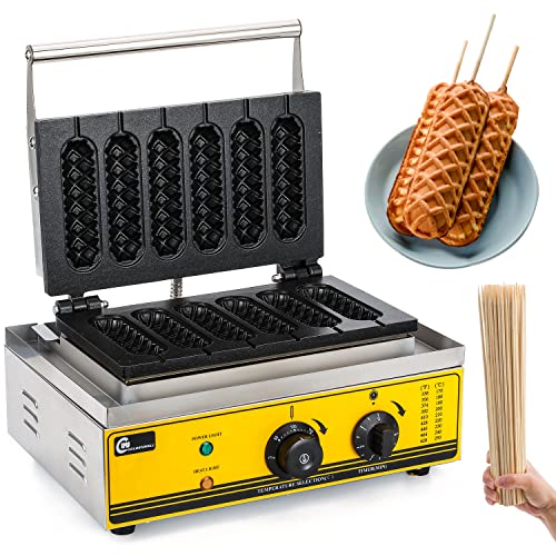 CGOLDENWALL New Commercial/Home Corn Hot Dog Waffle Maker Machine 1550W 6Pcs French Muffin Irons Non-stick Stainless Steel Waffle Stick Maker, 50-300 ℃ Temp Control 110V Yellow