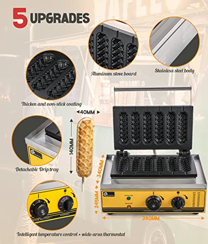 CGOLDENWALL New Commercial/Home Corn Hot Dog Waffle Maker Machine 1550W 6Pcs French Muffin Irons Non-stick Stainless Steel Waffle Stick Maker, 50-300 ℃ Temp Control 110V Yellow