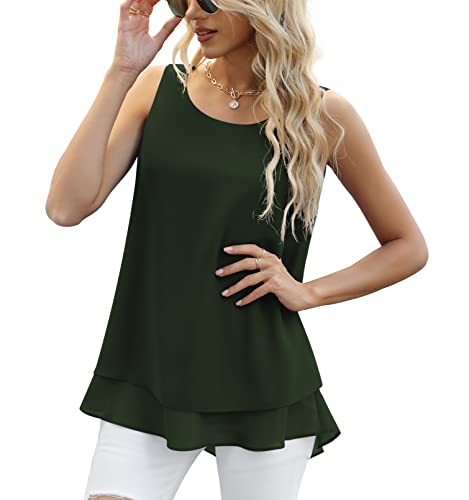 Jouica Summer Flowy Sleeveless Blouses for Women Elegant Dressy Chiffon Tank Loose Ladies Blouse,Amy Green,Small