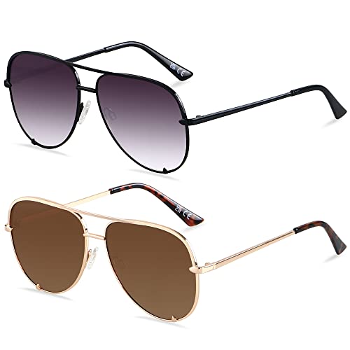 ANDWOOD Oversized Aviator Sunglasses for Women Big Large UV Protection Fashion Sun glasses Double Bridge 2 Pack Fade Brown Shades