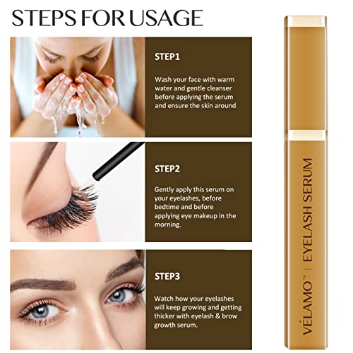 VELAMO ADVANCED Eyelash Growth Serum and Eyebrow Enhancer, Irritation Free Formula, Guaranteed Results in 3-4 Weeks for Longer, Thicker, and Fuller Eyelashes