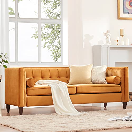 Dreamsir 78'' W Velvet Sofa, Mid-Century Love Seats Sofa Furniture with Bolster Pillows, Button Tufted Couch for Living Room, Tool-Free Assembly