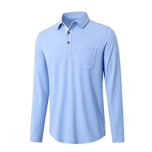 Polo Shirts for Men Long Sleeve Plain Pocket Classic Mens Casual Shirts Sky Blue