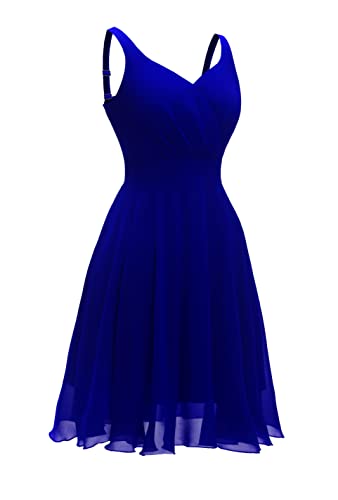 Dressever Summer Cocktail Dress V-Neck Adjustable Spaghetti Strap Chiffon Sundress with Pockets Royal Blue S