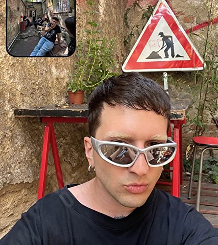 NULOOQ Wrap Around Sunglasses for Women Men Trendy Fashion Y2K Oval Sport Shades Sun Glasses UV400 Protection (Silver Frame/Silver Mirrored Lens)