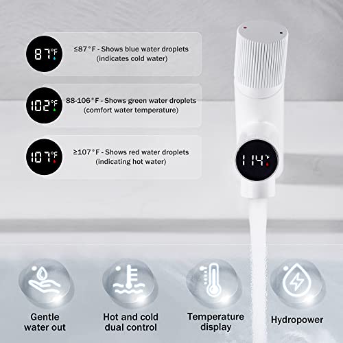 Temperature Display Bathroom Faucet,Digital Display Basin Faucet,HEILAIYI,Brass Body,Anti-Skid Switch,Hot and Cold Dual Control,Suitable for Single Hole and Three Holes(White)