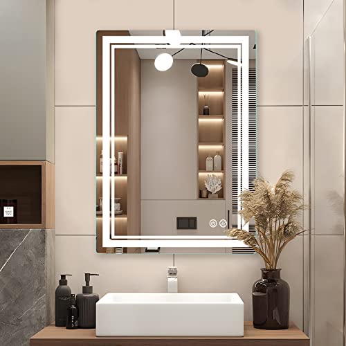 TATU LED Bathroom Mirror,36x28 Inch Bathroom Vanity Mirror Wall Mounted with 3000K-6000K Adjustable, Anti-Fog, Smart Touch Button, Stepless Dimmable Lighted Makeup Mirror, Horizontal/Vertical