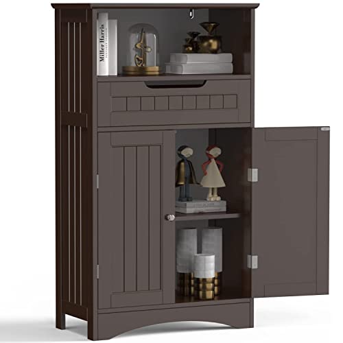 Gizoon Bathroom Storage Cabinet with Large Drawer & Door, Freestanding Floor Storage Cabinet Organizer for Bedroom, Living Room, Entryway, Office, Space Saving, Dark Brown