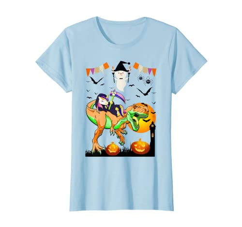 Halloween Shirt Girls Women Unicorn Riding Dinosaur Pumpkin T-Shirt