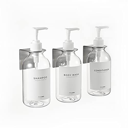 MaisoNovo Shampoo Dispenser for Shower Wall 3 Chamber - Drill Free Shower Soap Dispenser Wall Mount with Waterproof Labels | 3 Black Plastic Bottles with Black Metal Pumps