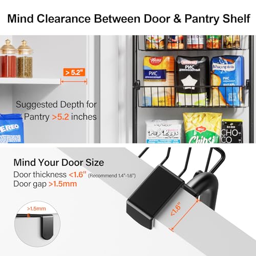 Over the Door Pantry Organizer, Heavy-Duty Metal Over the Door Organizer, 6-Tier Pantry Door Organizer for Easy Install, D4.65xW18xH50inch Pantry Door Storage, Black