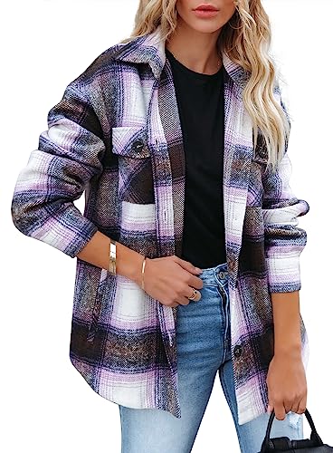 Beaully Women's Flannel Plaid Shacket Long Sleeve Button Down Chest Pocketed Shirts Jacket Coats 6017 C-Purple Black Plaid Large