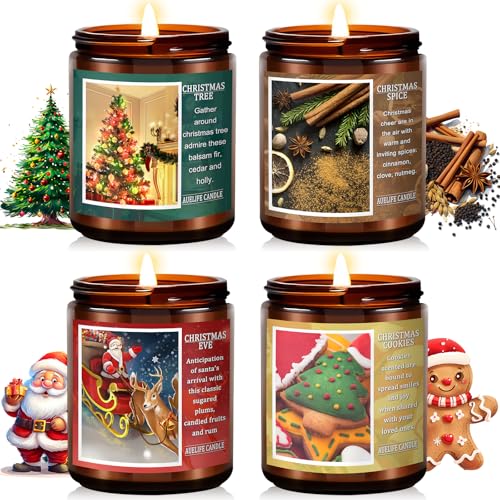 Close-up of four lit Christmas candles in festive jars with colorful wax and labels.