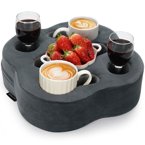HEALSTOK Couch Cup Holder Pillow, Sofa Organizer Caddy Bed Refreshment Tray for Drinks, Remotes, Phones, Snacks (Grey)