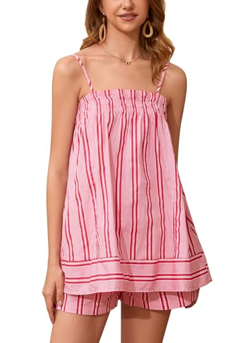 calbatic Women 2 Piece Lounge Set Striped Summer Pajama Set Sleeveless Peplum Cami Top and Wide Leg Shorts Set Beachwear Pink