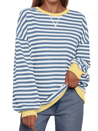 Trendy Queen Oversized Sweatshirt for Women 2024 Fall Crewneck Striped Long Sleeve Shirts Hoodies Preppy Top Y2K Outfits Bluewhite