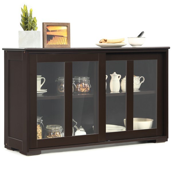Costway Kitchen Storage Cabinet Sideboard Buffet Cupboard W Sliding Door Brown