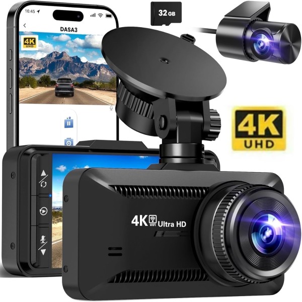 Dash Cam Front Rear 4K 1080P Dash Camera Cars Build WiFi Full HD Dash Cam APP Control 3 94 IPS Screen Dash Camera 32GB SD Card G Sensor WDR 24Hr Park