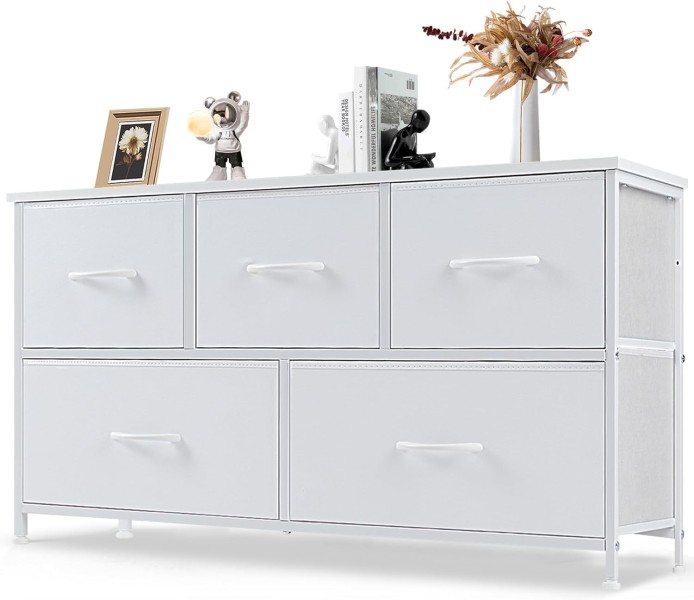EDX 5 Drawer Dresser Wide Chest Drawers Nightstand Storage Tower Storage Dresser Fabric Dresser Wood Top Living Room Bedroom Hallway White