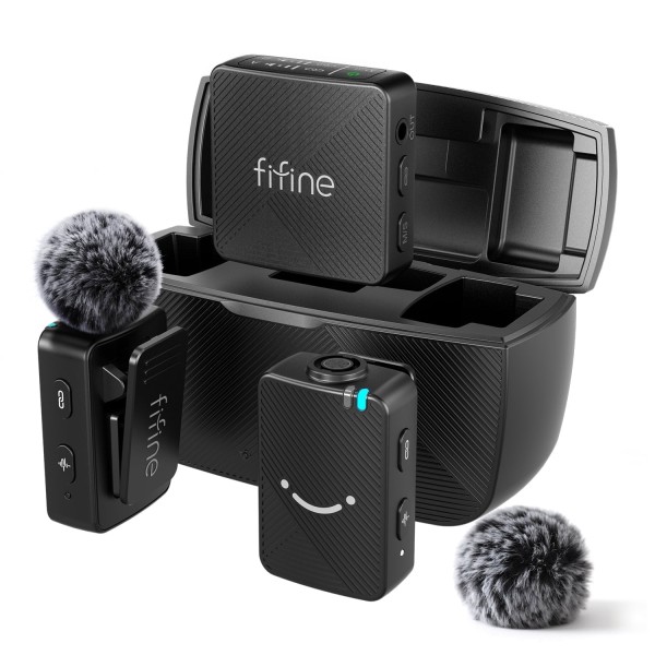 FIFINE Wireless Lavalier Microphone IPhone Android Camera Dual Lapel Mic System Noise Canceling Plug Play Long Range Interview YouTube Vlog M9