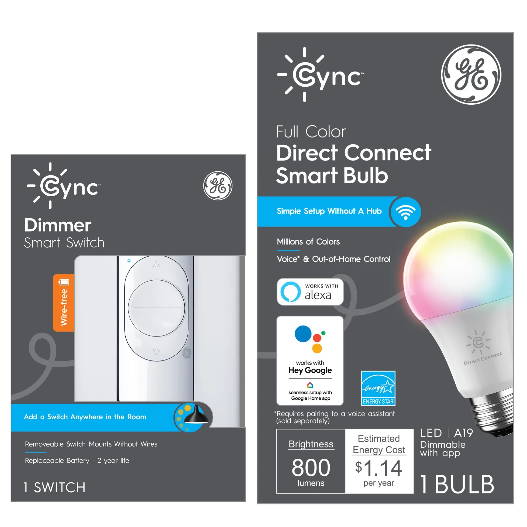 GE CYNC Smart Color Changing Light Bulb and Smart Wire-Free Dimmer Switch Bundle, Alexa and Google Home Compatible, Bluetooth and Wi-Fi Enabled (1 Pack)