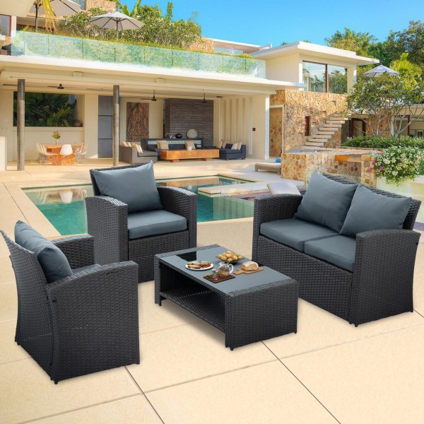 HighSound 4 Piece Patio Furniture Set Outdoor Wicker Patio Sectional Sofa Weather PE Rattan Outdoor Sectional Cushions Coffee Table Dark Gray